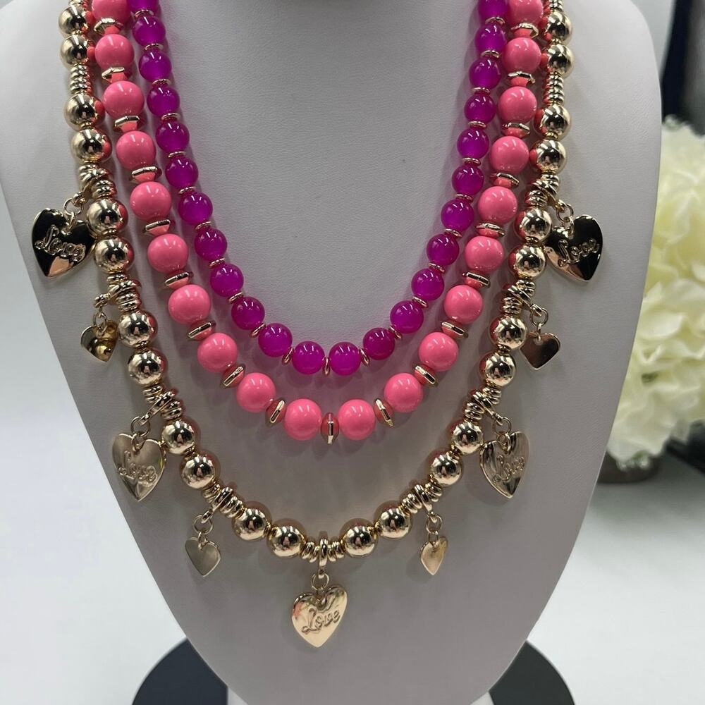 Lilly Pulitzer Triple Strand PINK Beaded GOLD‎ HEART CHARM Love Necklace New